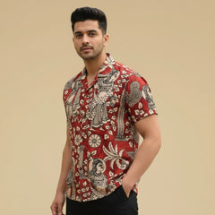 Red Kalamkari Shirt | Linen Fabric and Corozzo Buttons