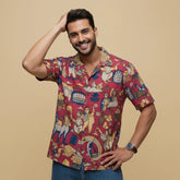 Red Kalamkari Shirt | Linen Fabric with Corozzo Buttons
