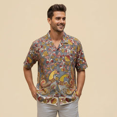 Yellow Kalamkari Shirt | Linen Shirt with Corozzo Buttons