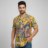 Men’s Yellow Kalamkari Printed Linen Shirt for Casual and Festive Wear