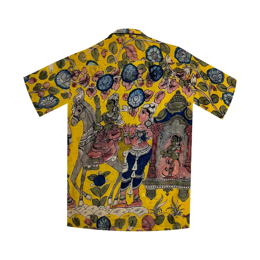Men’s Yellow Kalamkari Printed Linen Shirt for Casual and Festive Wear