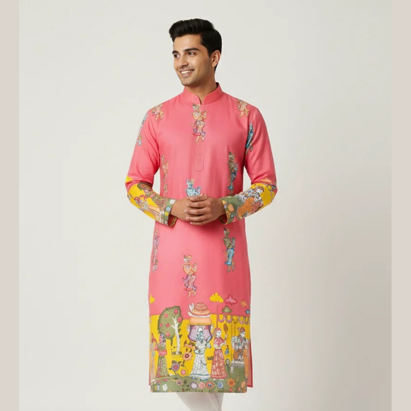 Men’s Pink Festive Kurta with Royal Miniature Art Border Print | Soft Fabric | Mandarin Collar | Wedding & Celebration Wear