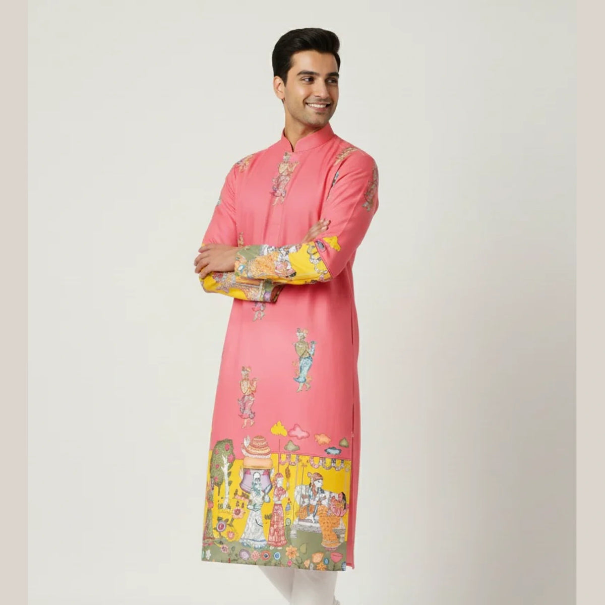 Men’s Pink Festive Kurta with Royal Miniature Art Border Print | Soft Fabric | Mandarin Collar | Wedding & Celebration Wear
