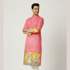 Men’s Pink Festive Kurta with Royal Miniature Art Border Print | Soft Fabric | Mandarin Collar | Wedding & Celebration Wear