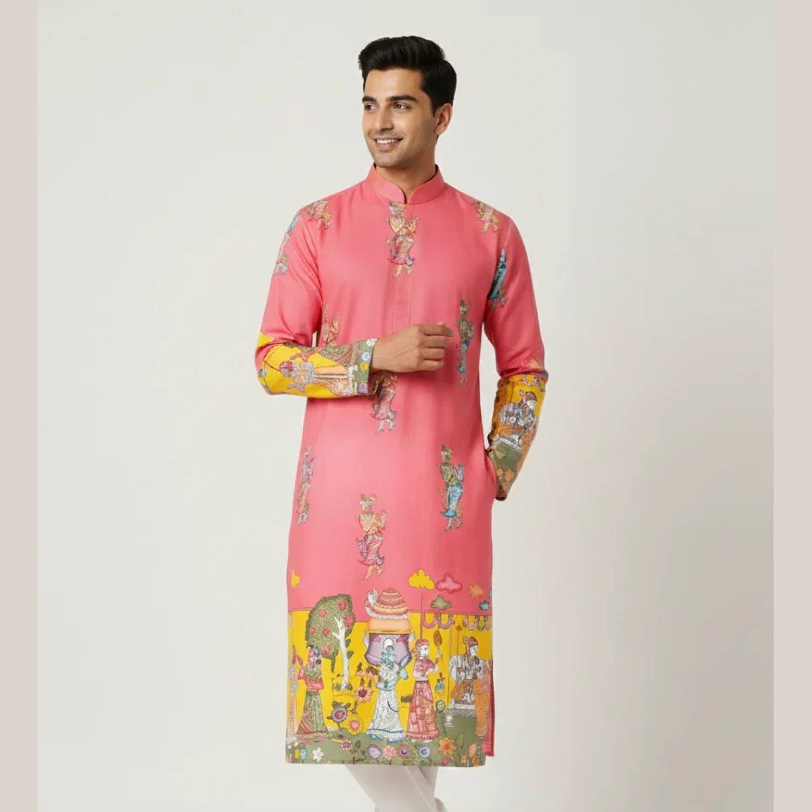 Men’s Pink Festive Kurta with Royal Miniature Art Border Print | Soft Fabric | Mandarin Collar | Wedding & Celebration Wear