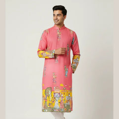 Men’s Pink Festive Kurta with Royal Miniature Art Border Print | Soft Fabric | Mandarin Collar | Wedding & Celebration Wear