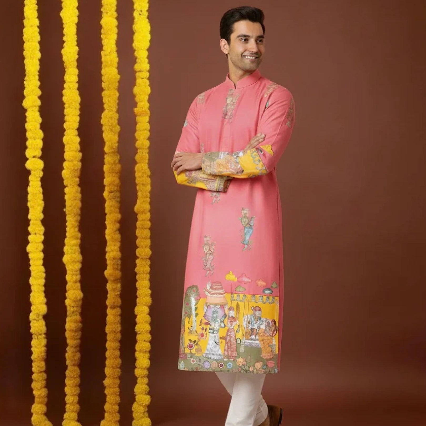 Men’s Pink Festive Kurta with Royal Miniature Art Border Print | Soft Fabric | Mandarin Collar | Wedding & Celebration Wear