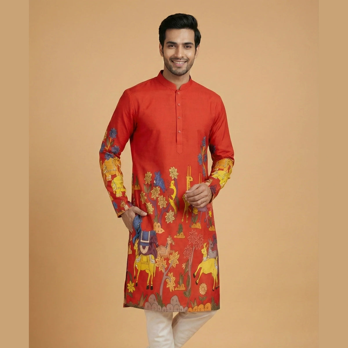 Men’s Red Kalamkari Print Cotton Kurta | Ethnic Festive Wear Kurta