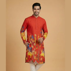 Men’s Red Kalamkari Print Cotton Kurta | Ethnic Festive Wear Kurta