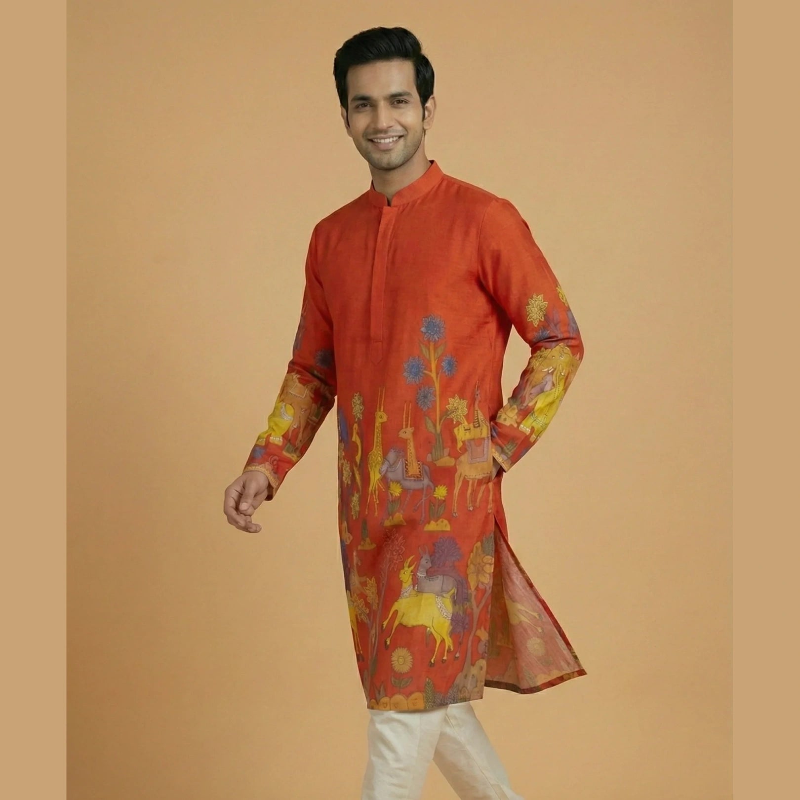 Men’s Red Kalamkari Print Cotton Kurta | Ethnic Festive Wear Kurta