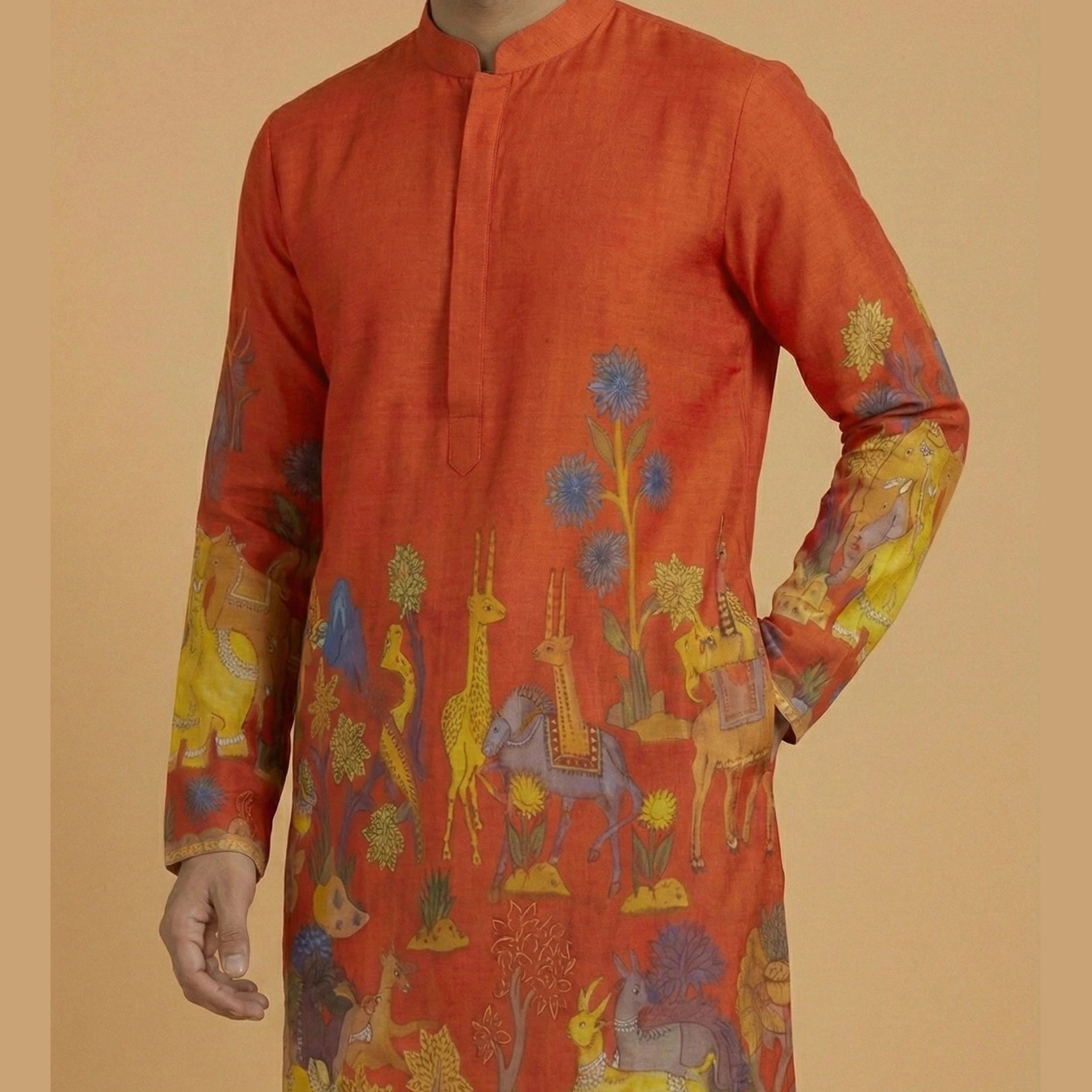 Men’s Red Kalamkari Print Cotton Kurta | Ethnic Festive Wear Kurta