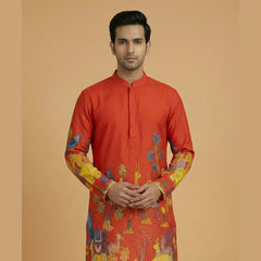 Men’s Red Kalamkari Print Cotton Kurta | Ethnic Festive Wear Kurta