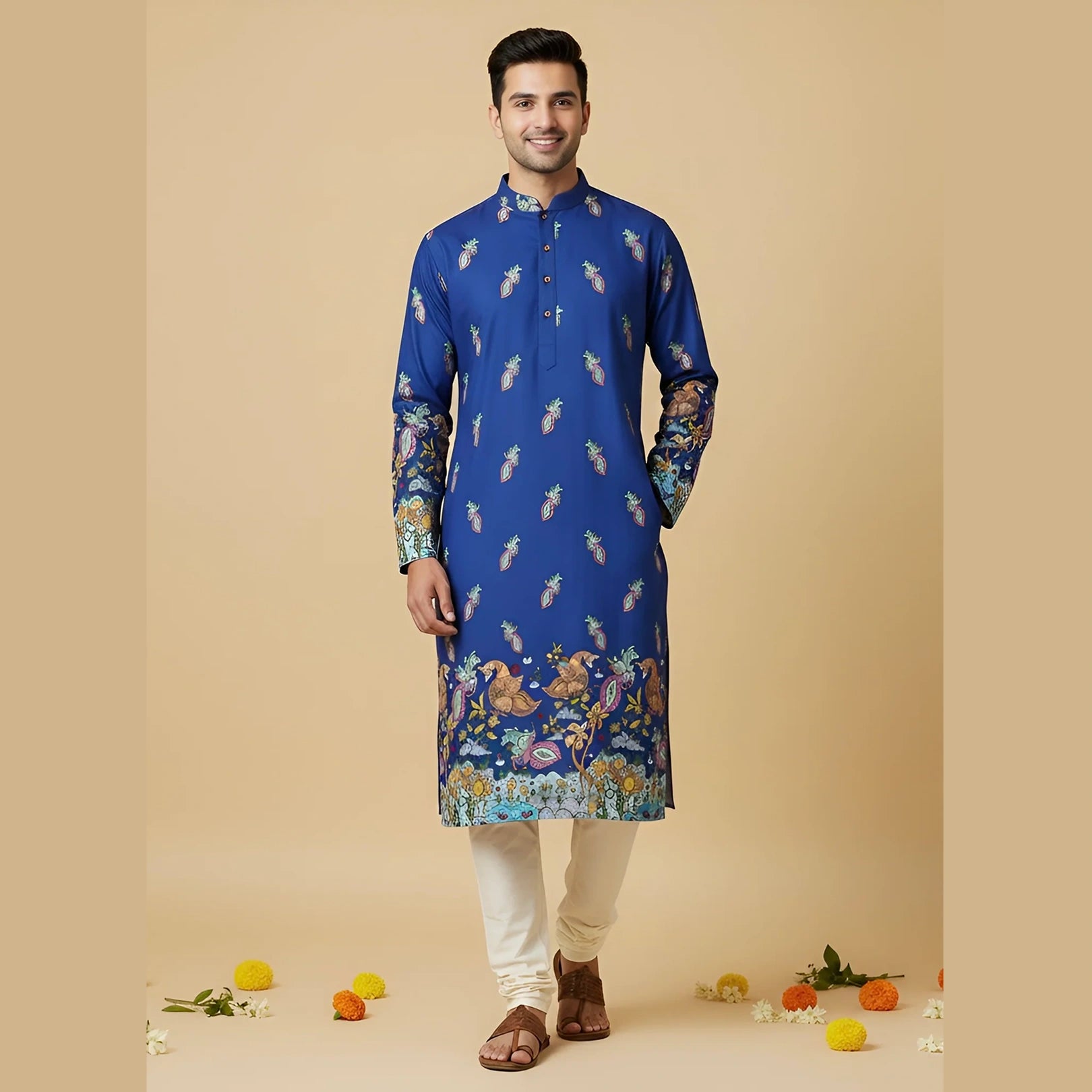 Blue Cotton Kurta for Men | Stylish Kalamkari-Inspired Traditional Kurta | Comfortable Ethnic Wear