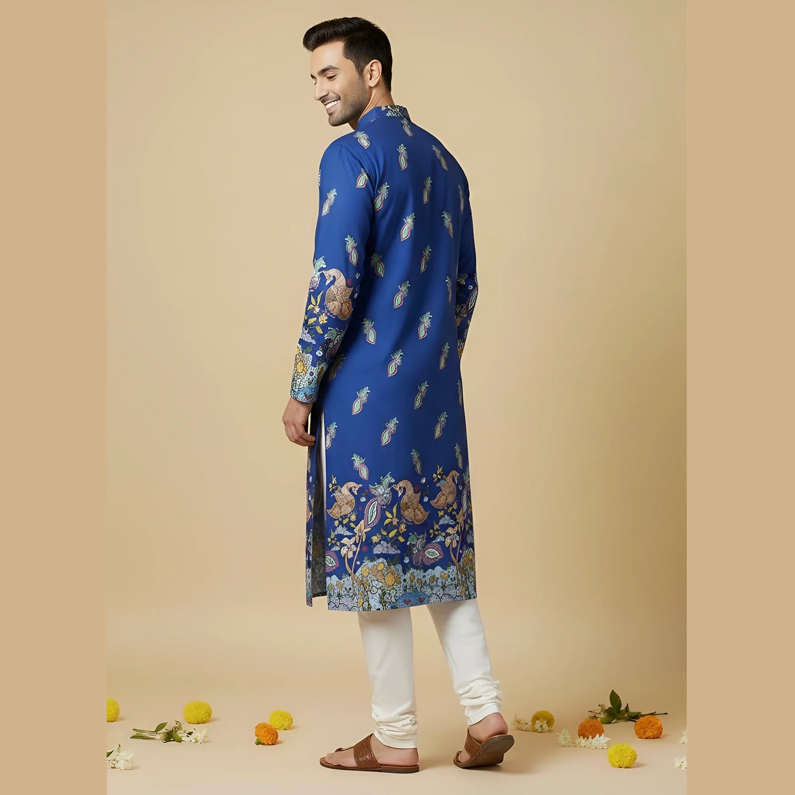 Blue Cotton Kurta for Men | Stylish Kalamkari-Inspired Traditional Kurta | Comfortable Ethnic Wear