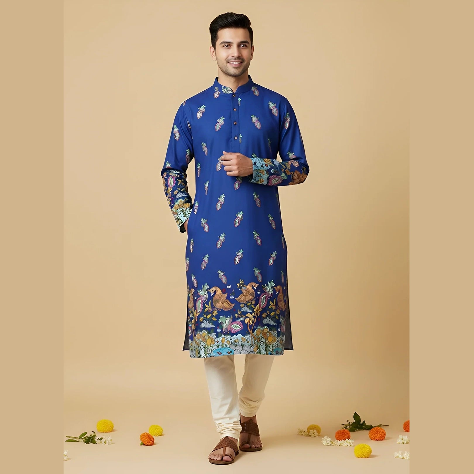 Blue Cotton Kurta for Men | Stylish Kalamkari-Inspired Traditional Kurta | Comfortable Ethnic Wear