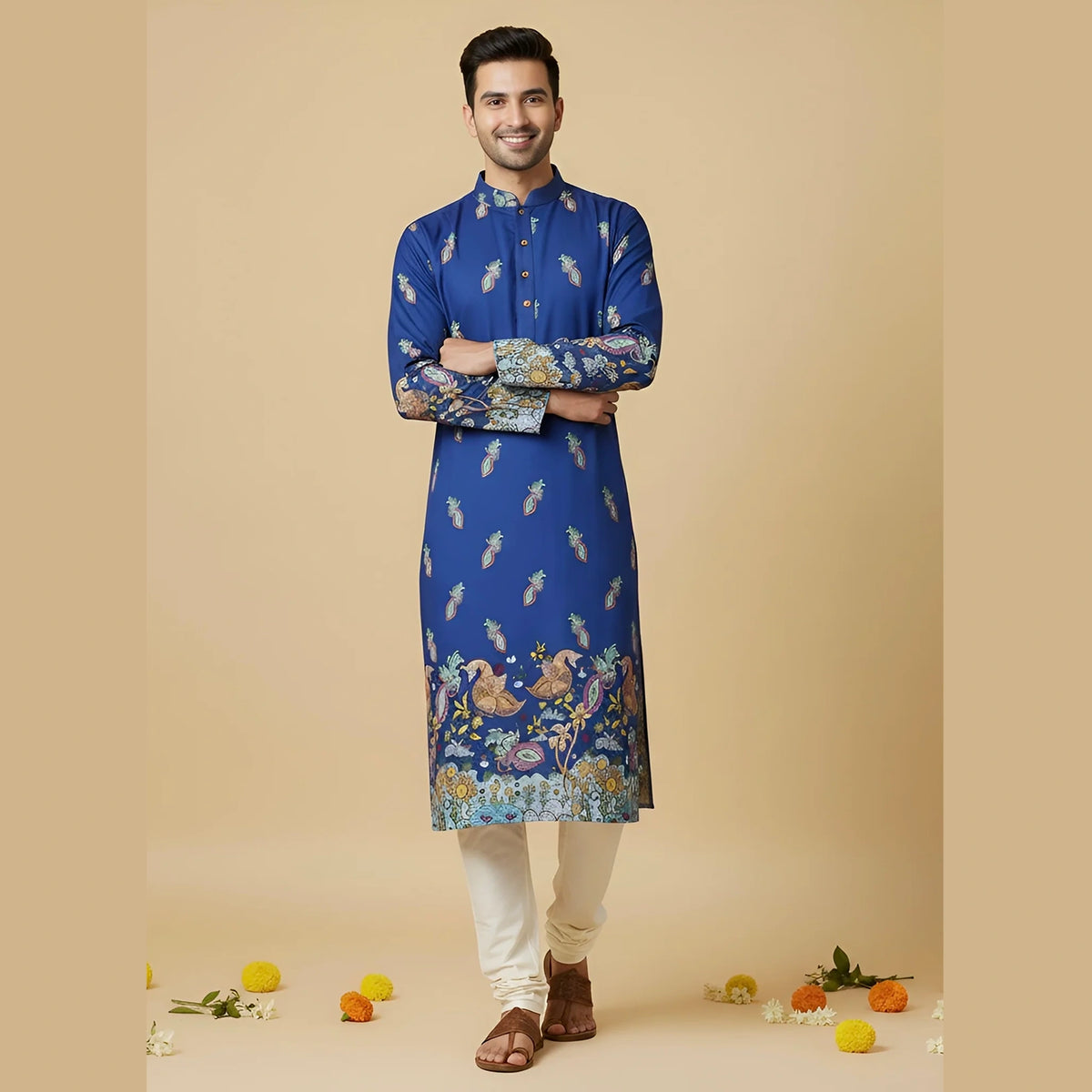 Blue Cotton Kurta for Men | Stylish Kalamkari-Inspired Traditional Kurta | Comfortable Ethnic Wear