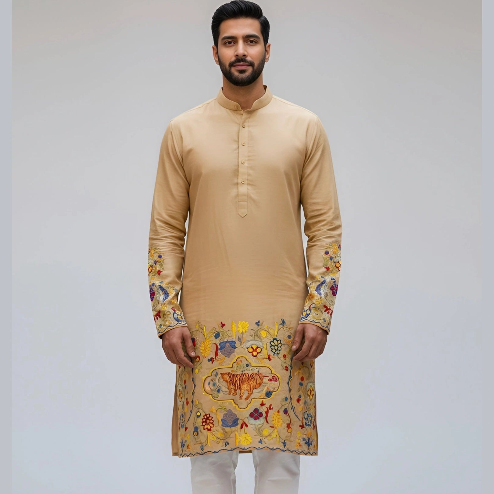 The Royal Bengal Kalamkari Kurta in Premium Cotton – Beige