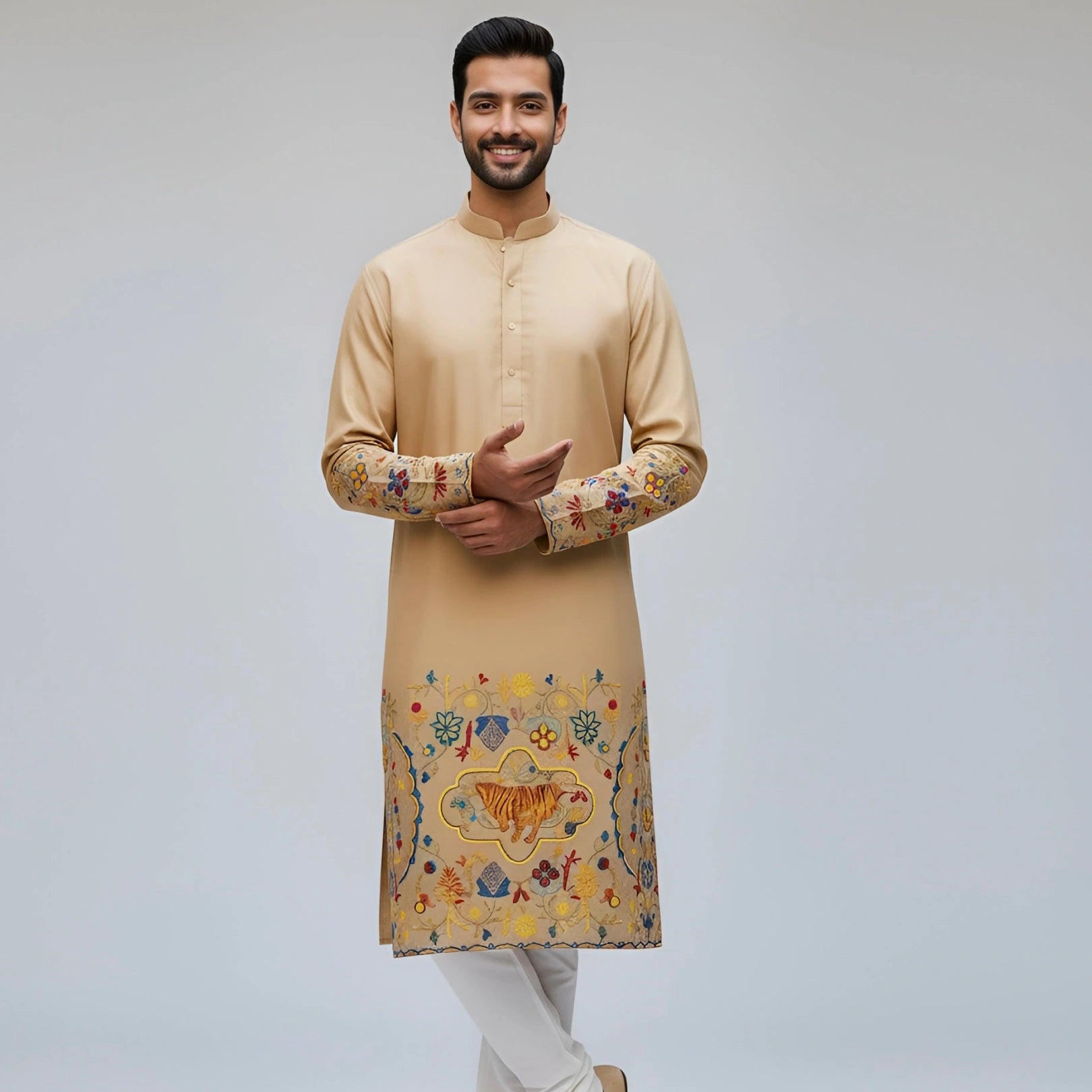 The Royal Bengal Kalamkari Kurta in Premium Cotton – Beige