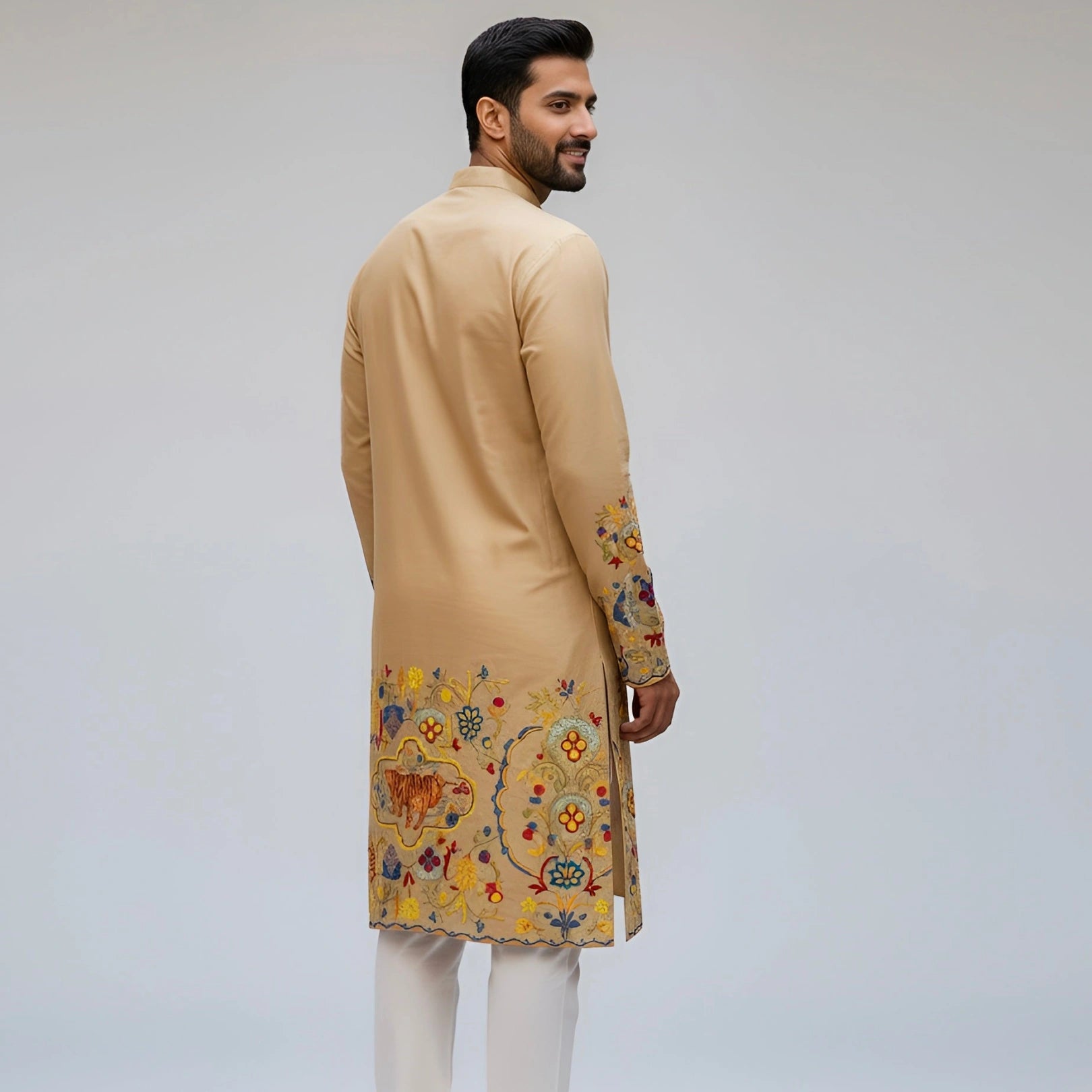 The Royal Bengal Kalamkari Kurta in Premium Cotton – Beige