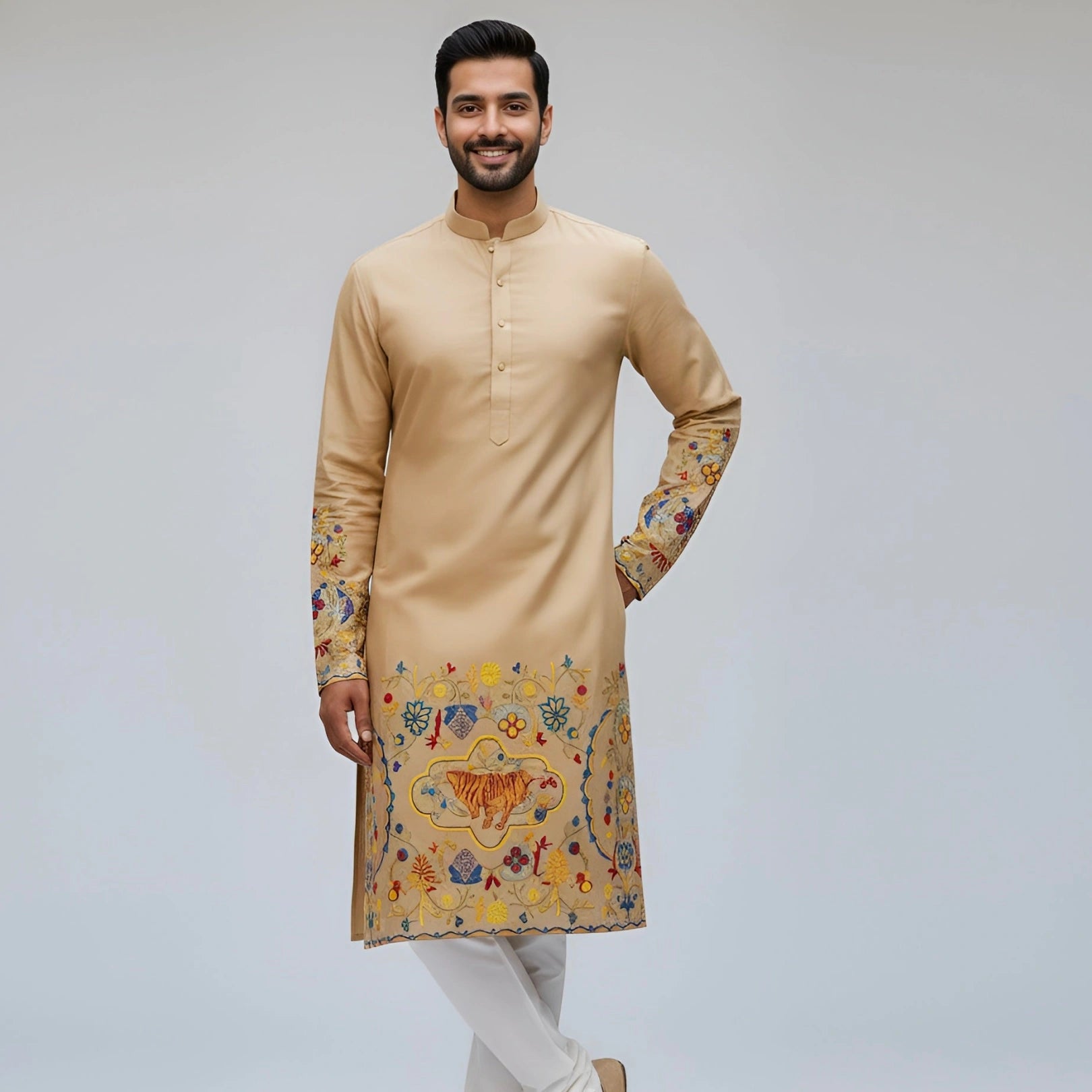 The Royal Bengal Kalamkari Kurta in Premium Cotton – Beige