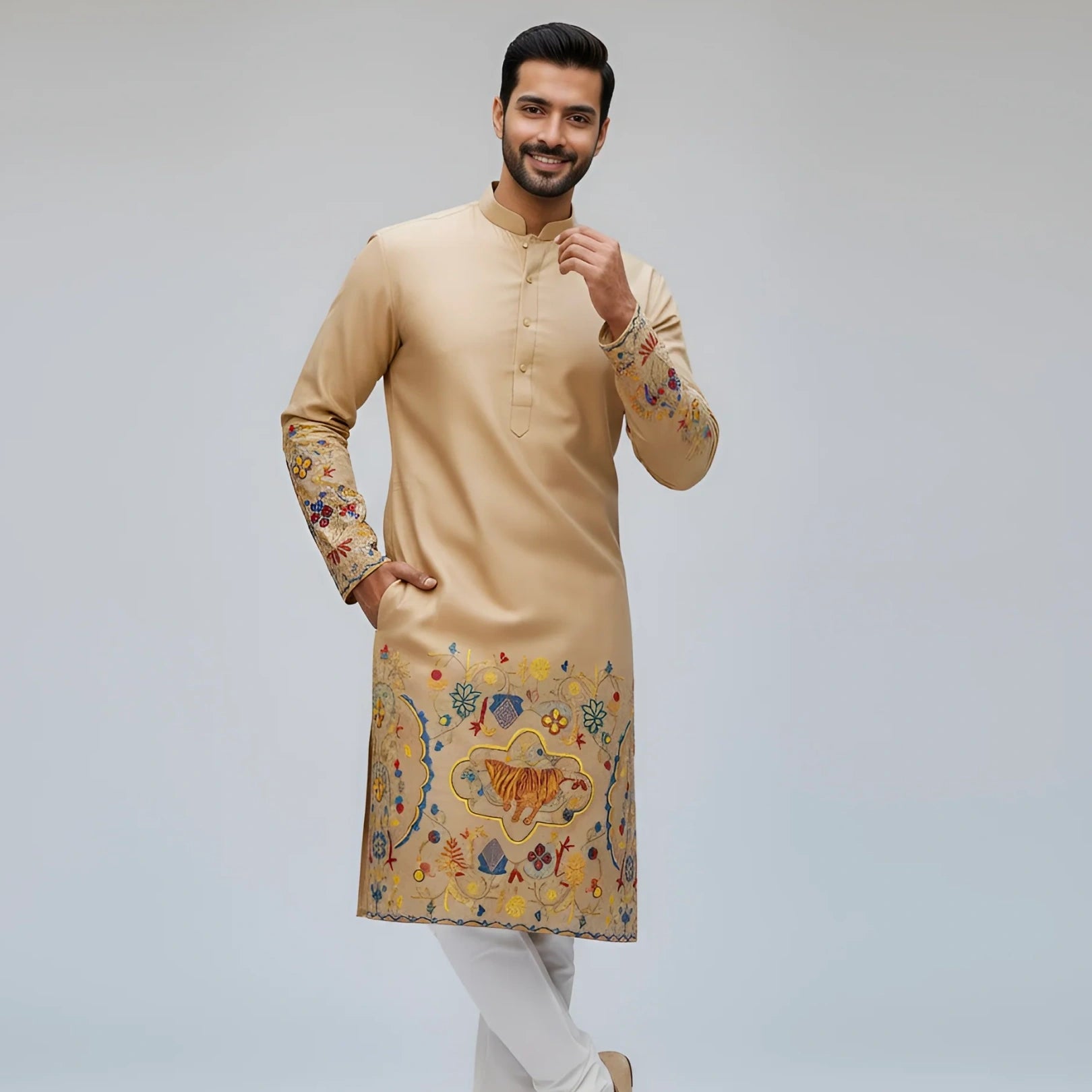 The Royal Bengal Kalamkari Kurta in Premium Cotton – Beige