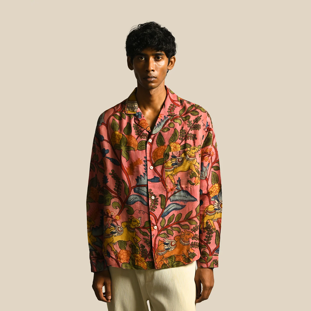 Amber Shirt - Jaisalmer Blush | Men's Relaxed Fit Kalamkari Shirt with Cuban Collar & Mother of Pearl Buttons