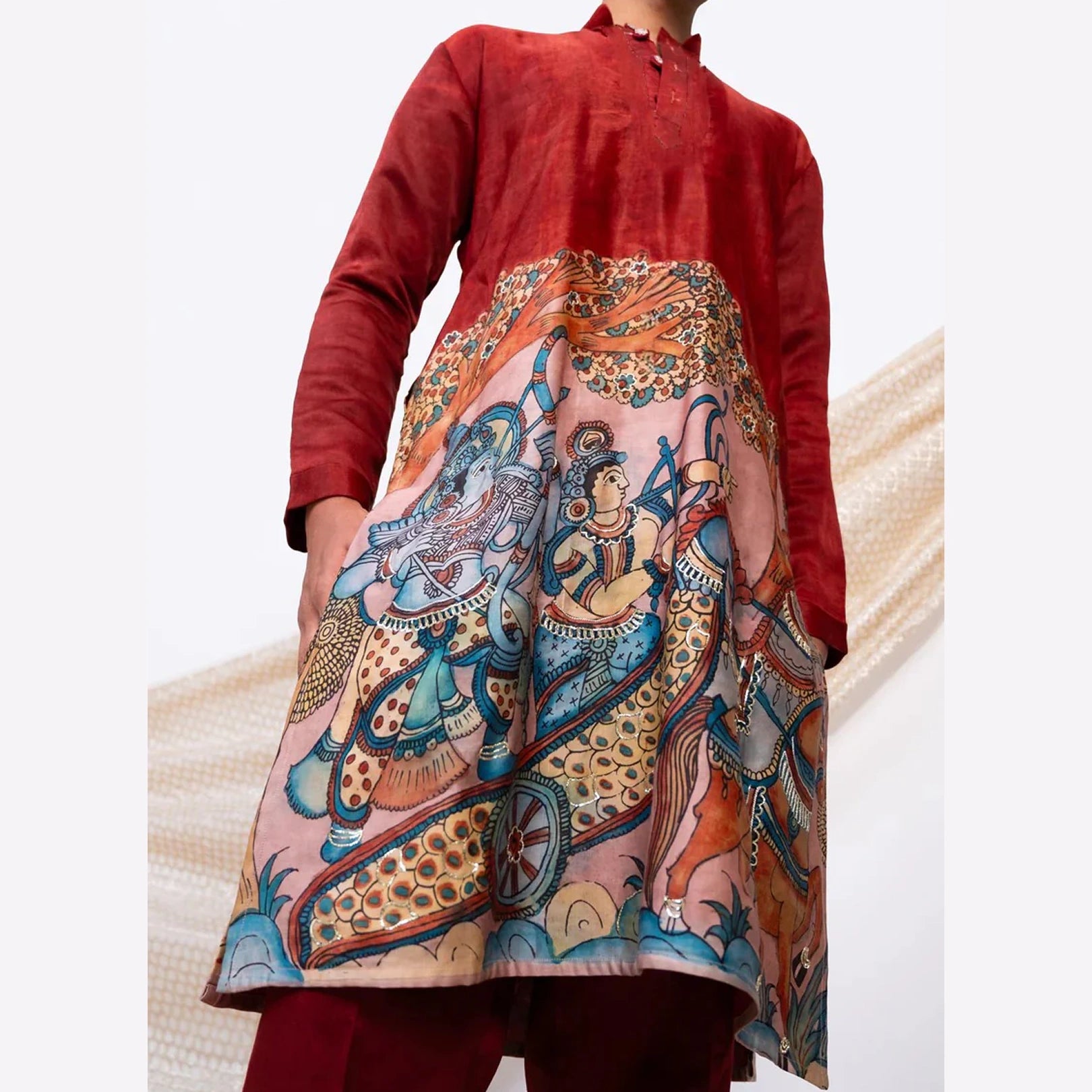 Maroon Kalamkari Inspired Cotton Kurta for Men – Ethnic Festive Wear