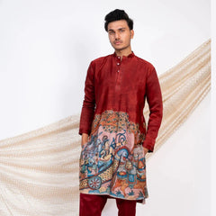Maroon Kalamkari Inspired Cotton Kurta for Men – Ethnic Festive Wear