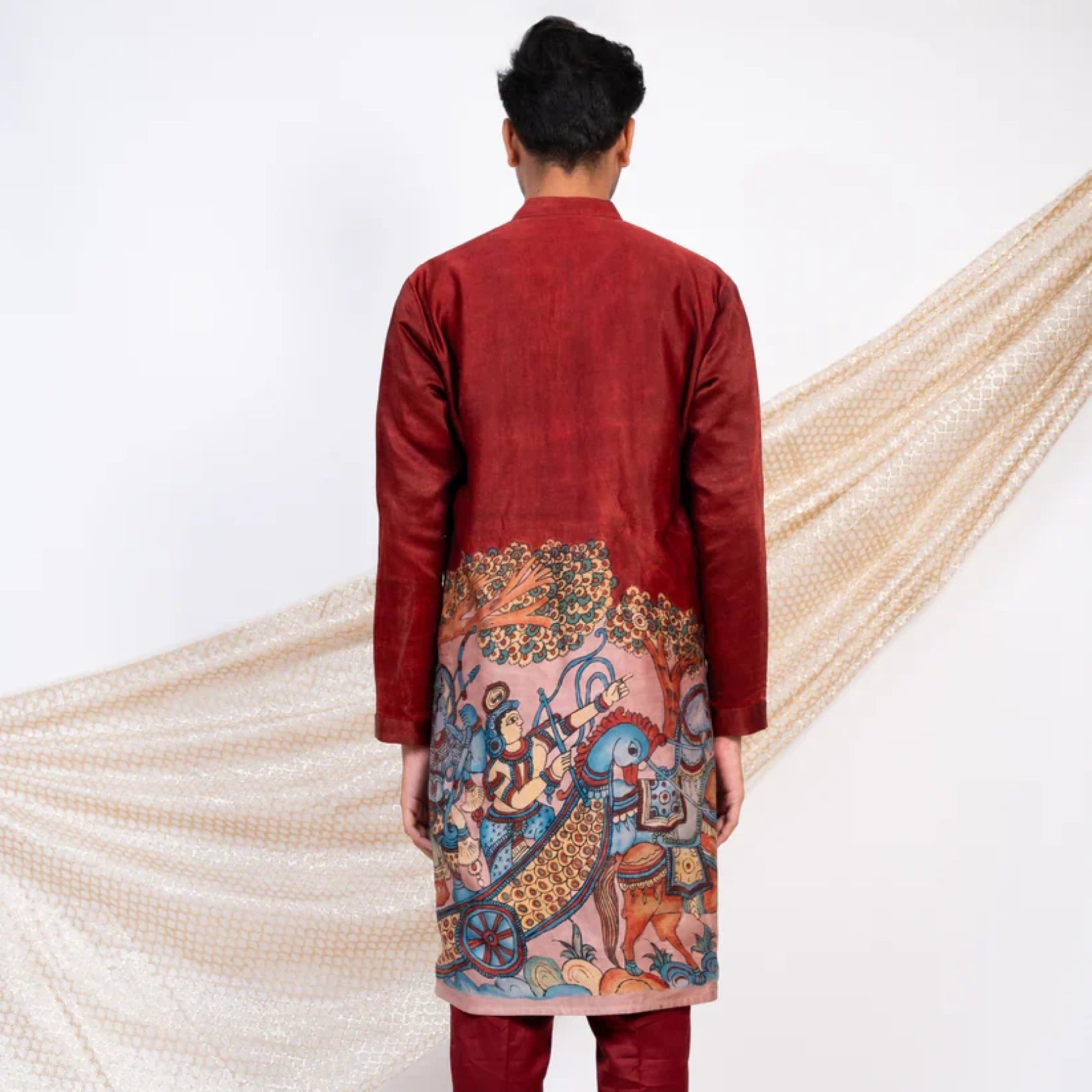 Maroon Kalamkari Inspired Cotton Kurta for Men – Ethnic Festive Wear