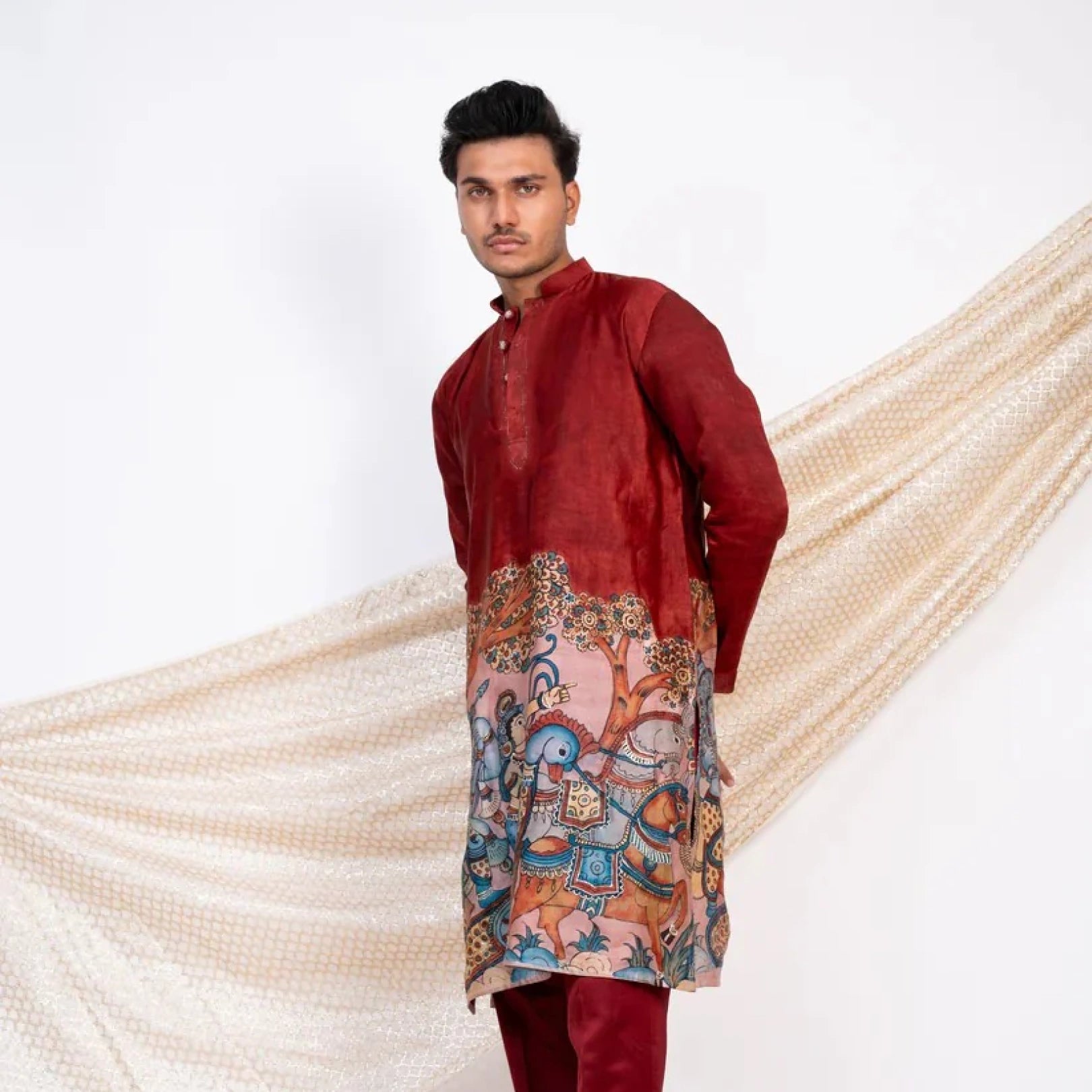 Maroon Kalamkari Inspired Cotton Kurta for Men – Ethnic Festive Wear
