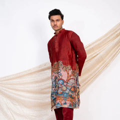 Maroon Kalamkari Inspired Cotton Kurta for Men – Ethnic Festive Wear