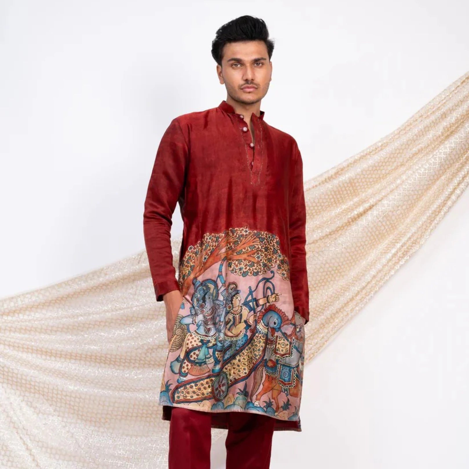 Maroon Kalamkari Inspired Cotton Kurta for Men – Ethnic Festive Wear