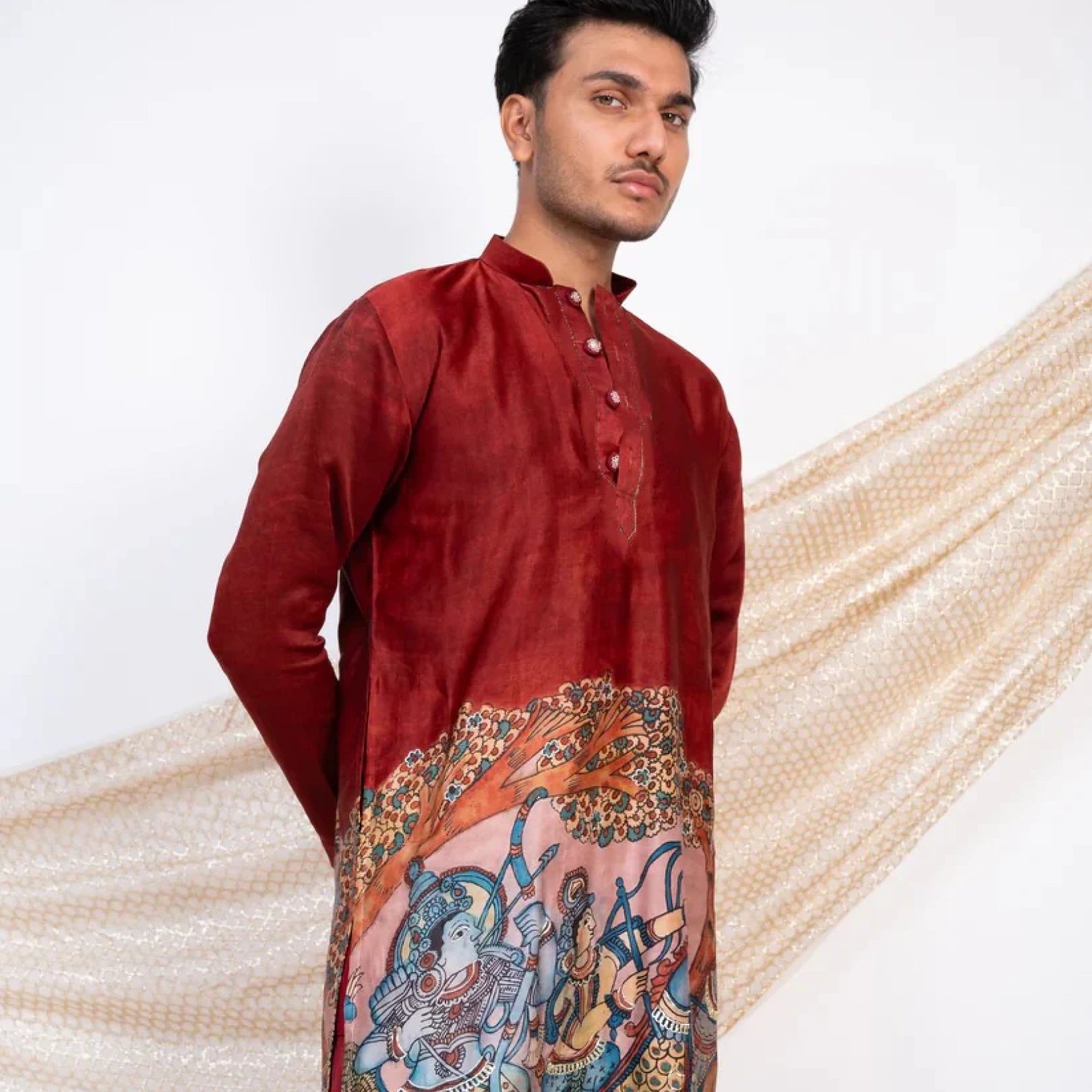 Maroon Kalamkari Inspired Cotton Kurta for Men – Ethnic Festive Wear