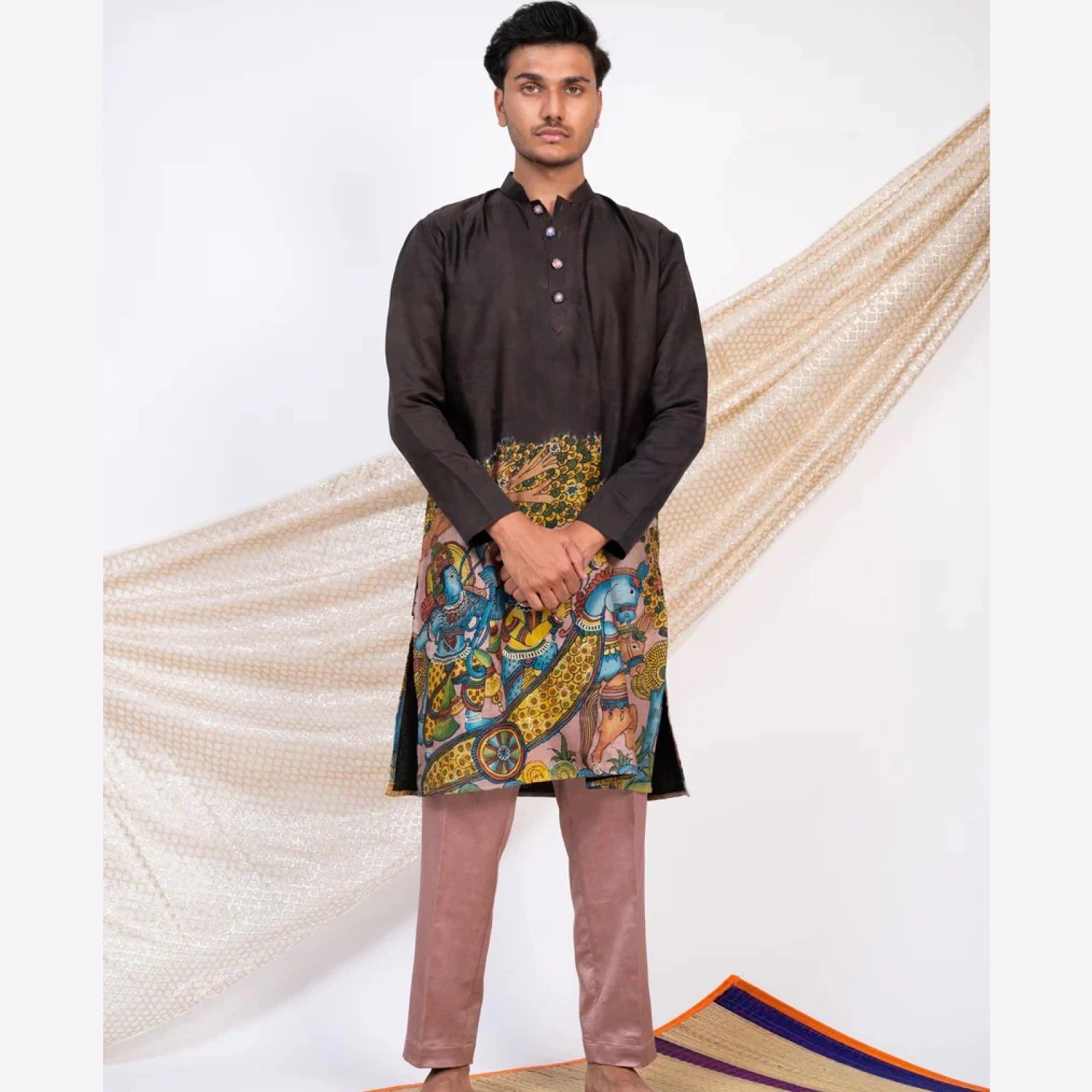 Black Cotton Kalamkari Inspired Kurta for Men | Festive & Wedding Ethnic Wear