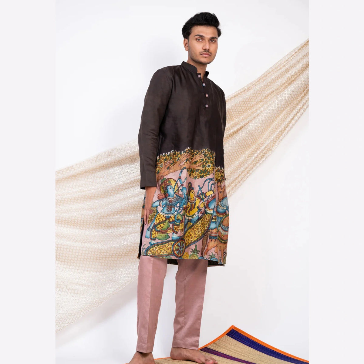 Black Cotton Kalamkari Inspired Kurta for Men | Festive & Wedding Ethnic Wear
