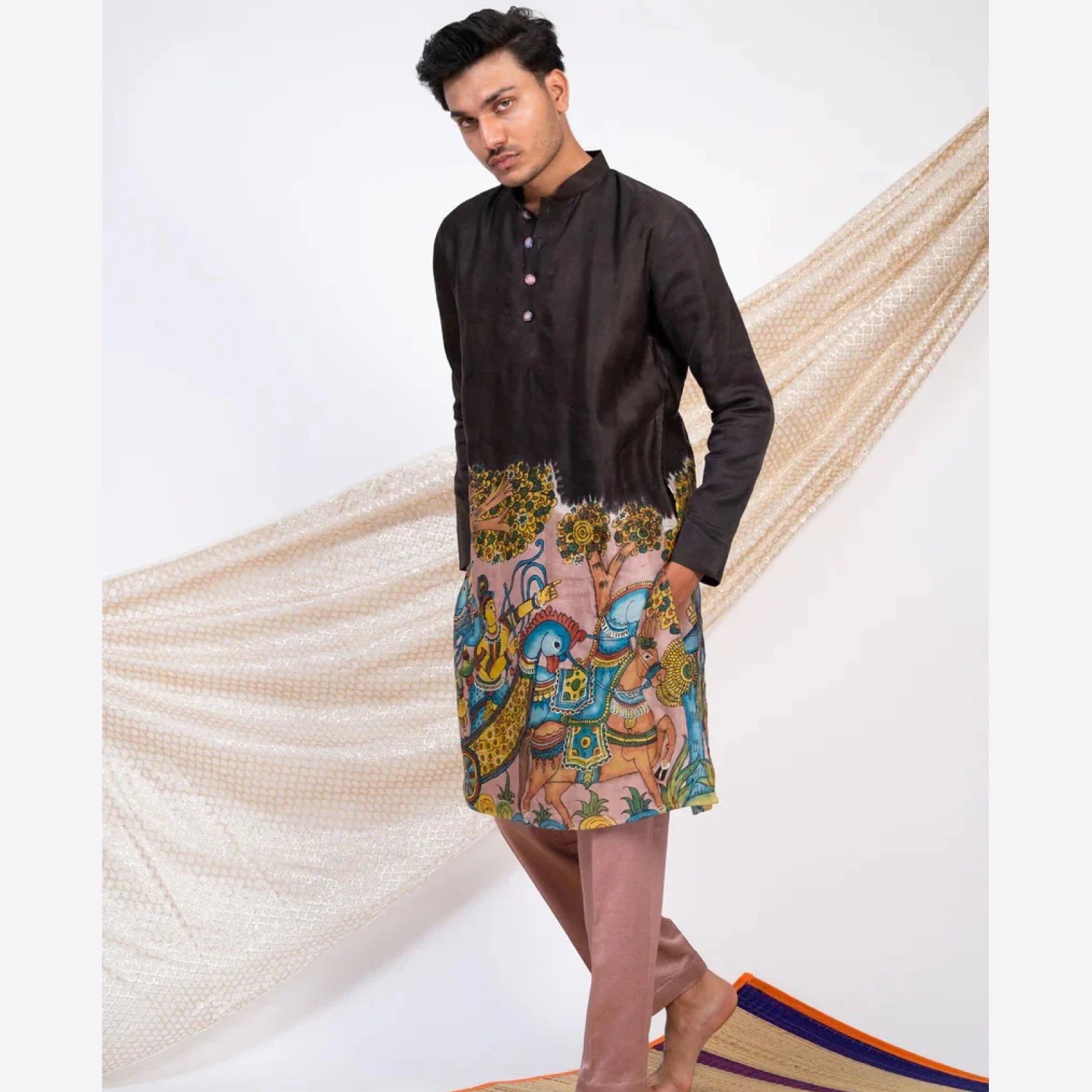 Black Cotton Kalamkari Inspired Kurta for Men | Festive & Wedding Ethnic Wear