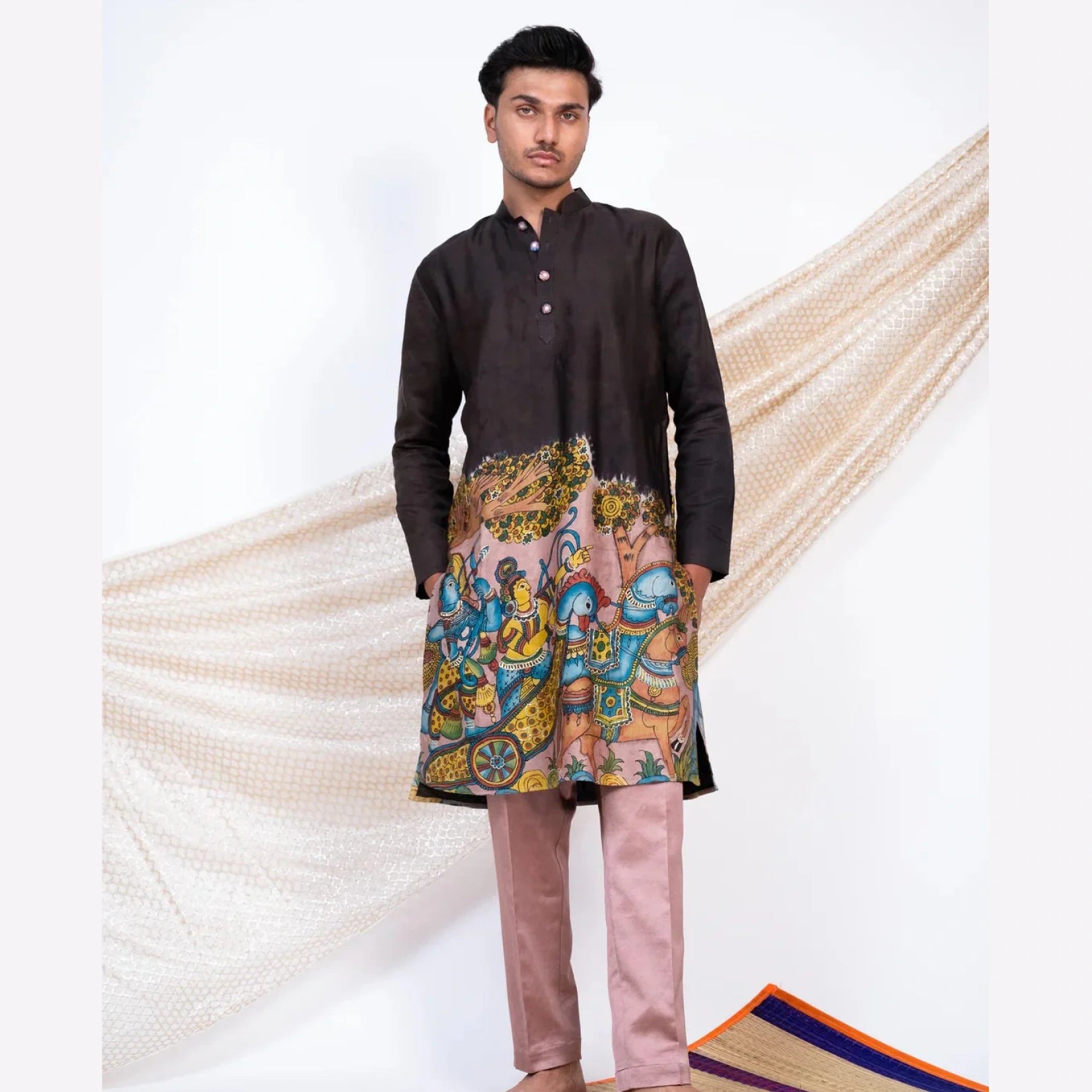 Black Cotton Kalamkari Inspired Kurta for Men | Festive & Wedding Ethnic Wear