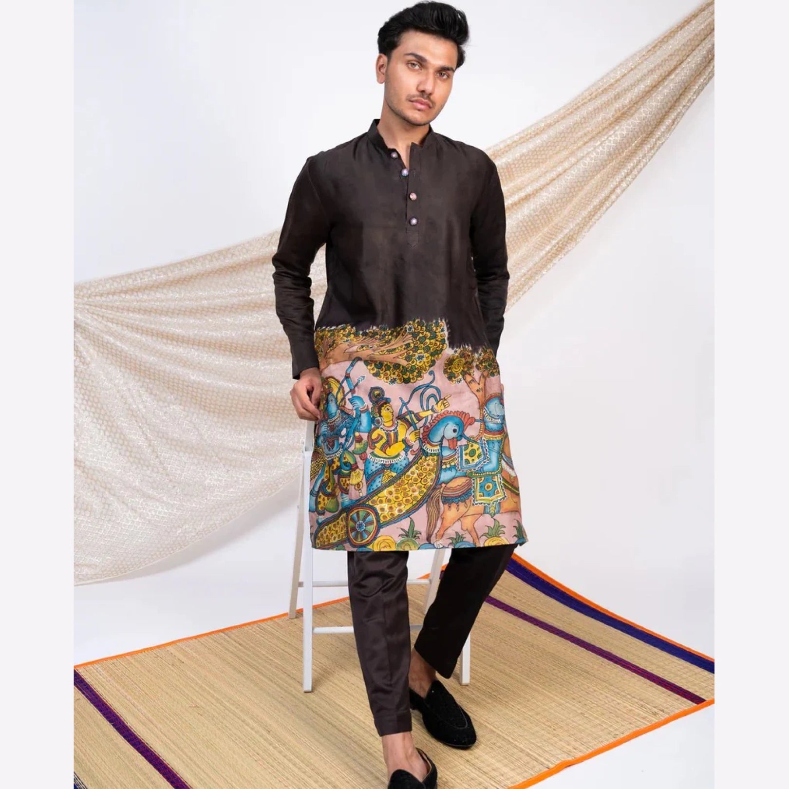 Black Cotton Kalamkari Inspired Kurta for Men | Festive & Wedding Ethnic Wear