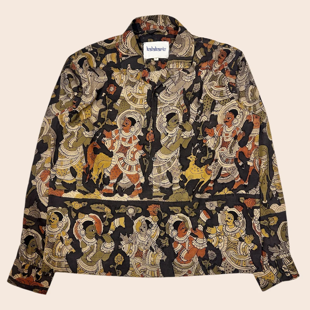 black Ethnic Kalamkari Shirt | Premium Horn Buttons