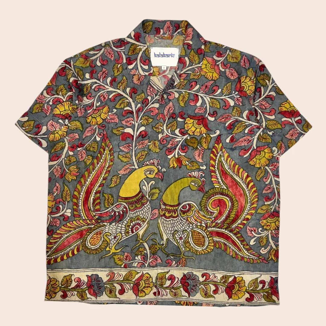 Yellow Kalamkari Shirt | Linen Shirt with Corozzo Buttons