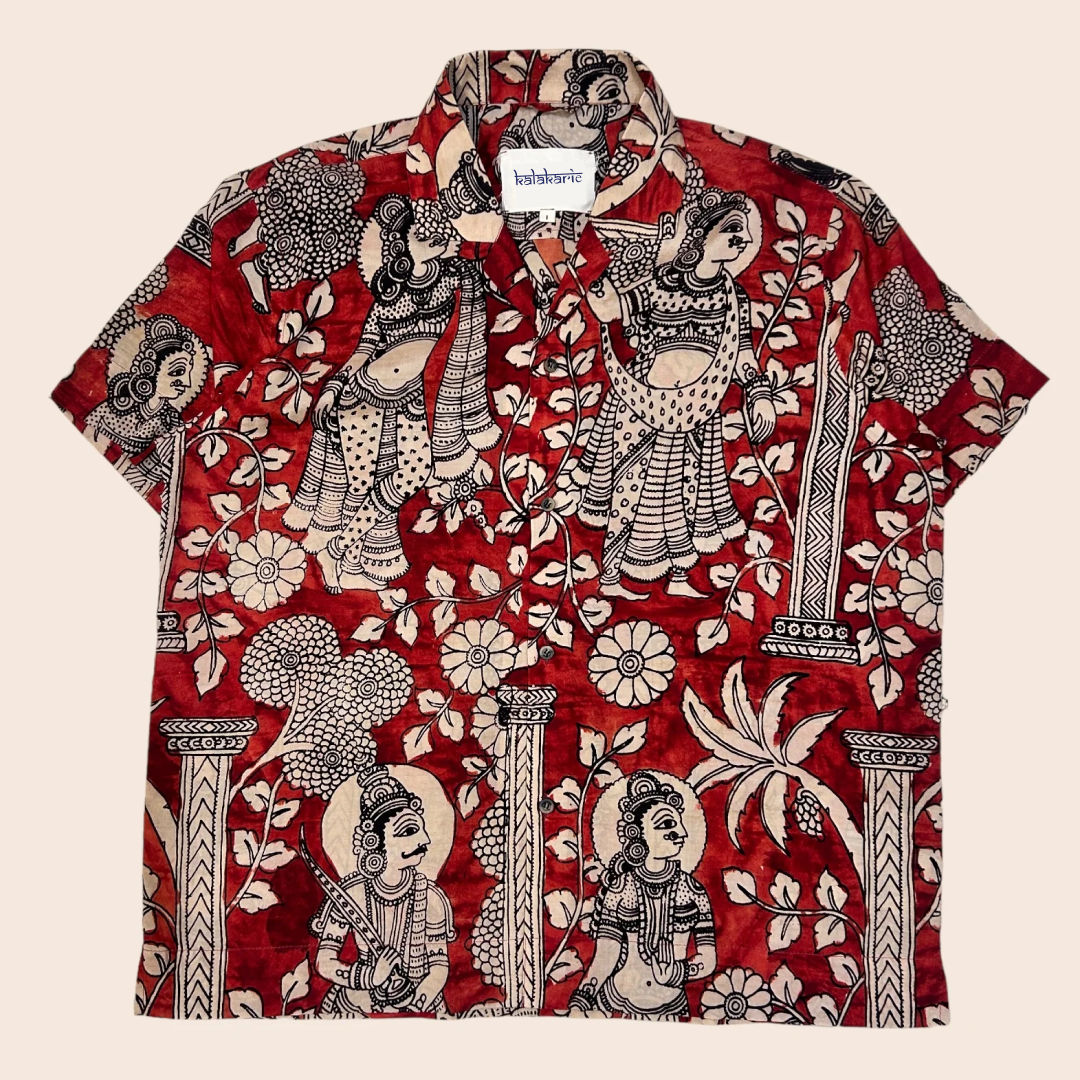 Red Kalamkari Shirt | Linen Fabric and Corozzo Buttons