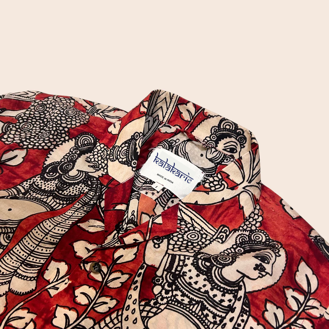 Red Kalamkari Shirt | Linen Fabric and Corozzo Buttons