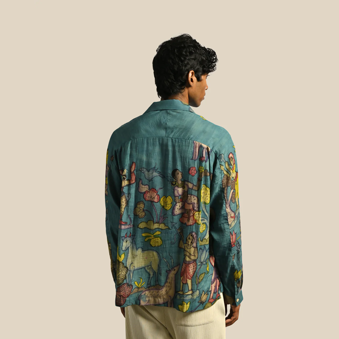 Amber Shirt - Nilgiri | Men's Relaxed Fit Kalamkari Shirt with Cuban Collar & Mother of Pearl Buttons