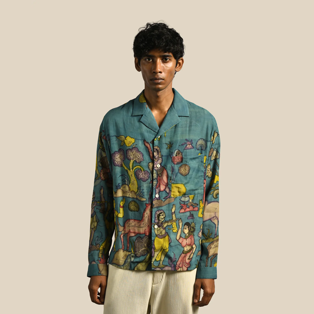 Amber Shirt - Nilgiri | Men's Relaxed Fit Kalamkari Shirt with Cuban Collar & Mother of Pearl Buttons