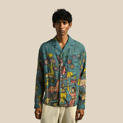 Amber Shirt - Nilgiri | Men's Relaxed Fit Kalamkari Shirt with Cuban Collar & Mother of Pearl Buttons