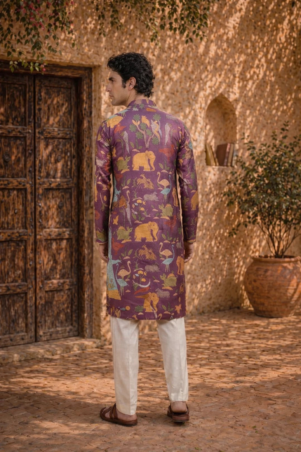 Men’s Purple Kalamkari Kurta With Multicolor Animal Print, Festive Ethnic Wear for Weddings & Celebrations