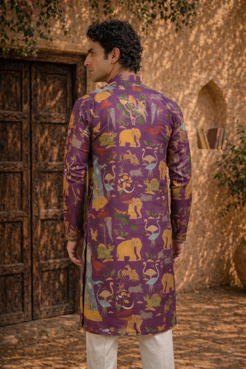 Men’s Purple Kalamkari Kurta With Multicolor Animal Print, Festive Ethnic Wear for Weddings & Celebrations