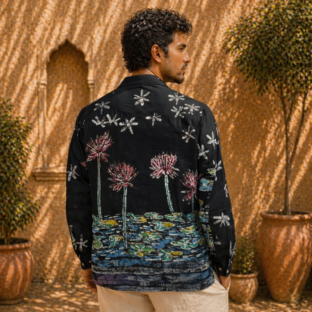Men's Black Lotus Garden Inspired Kalamkari Art Linen Shirt For Ethnic Wear & Festive Gatherings