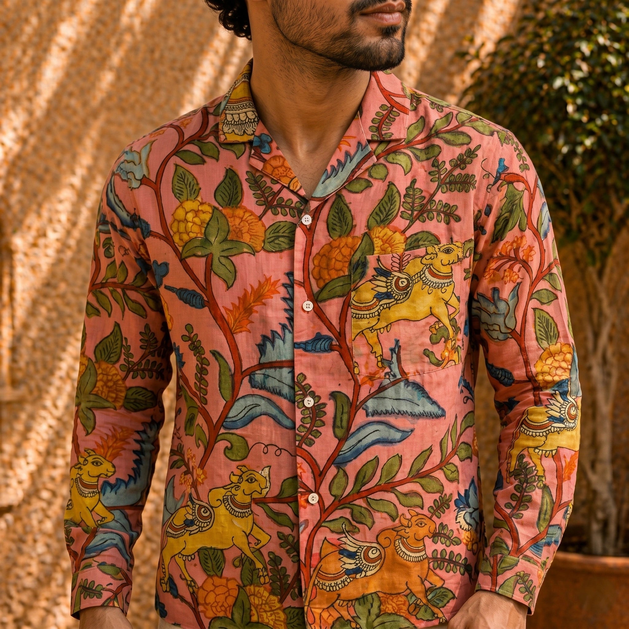 Amber Shirt - Jaisalmer Blush | Men's Relaxed Fit Kalamkari Shirt with Cuban Collar & Mother of Pearl Buttons