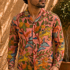 Amber Shirt - Jaisalmer Blush | Men's Relaxed Fit Kalamkari Shirt with Cuban Collar & Mother of Pearl Buttons